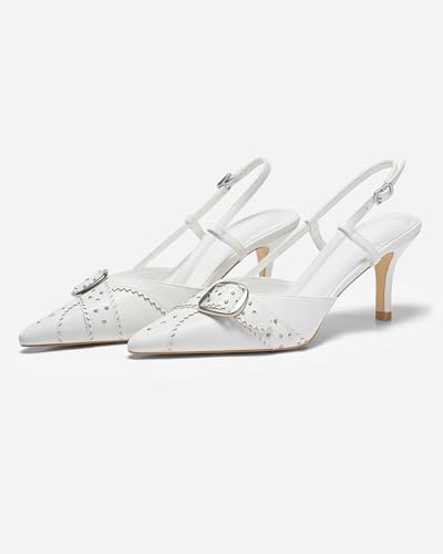 Image of Coutgo Womens Slingback Kitten Heels Studded Closed Pointed Toe Pumps with Buckle Party Dress Shoes
