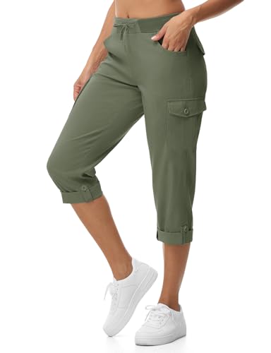 Rdruko 3/4 Hose Damen Cargohose Sommerhose Leicht Caprihose Wanderhose Sommer Trekkinghose Outdoorhose Mit 6 Taschen-Armeegrün L