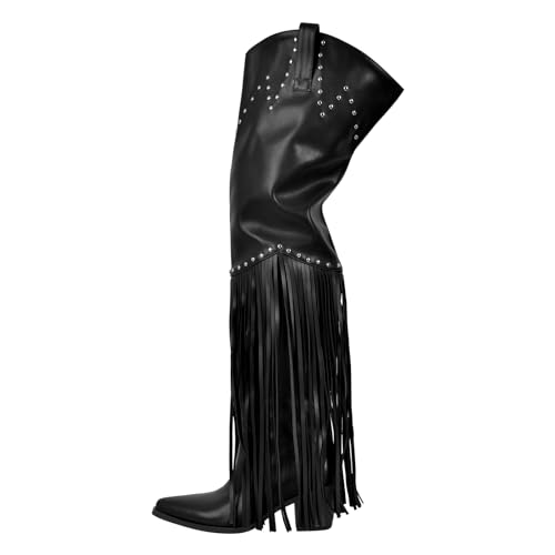 Image of richealnini Western Thigh High Cowboy Boots with Fringe Over Knee Wide Calf Cowgirl Boots
