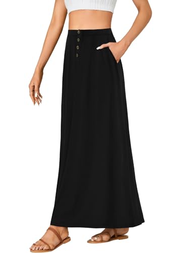 Rooscier Women's High Waist Button Front A-Line Long Maxi Skirt with Pockets4