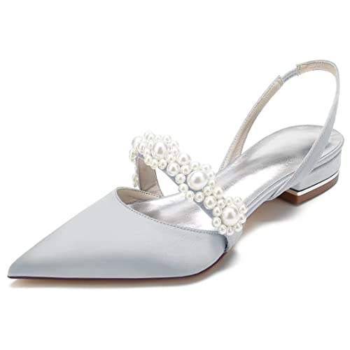 Image of Satin Pearls Wedding Shoes for Bride Flat Pointed Toe Women Slingback Flats