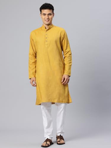 Image of Majestic Man Men's Cotton Regular Fit Traditional Mandarin Collar Ethnic Motifs Solid Long Kurta