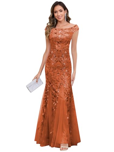 AIHKO Burnt Orange Mother of The Groom Dresses for Women Off The Shoulder Sequin Lace Mermaid Mother Bride Dresses Size 10