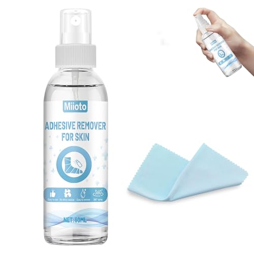 Miioto Disolvente Pegamento Vendas, 60ml Pflasterentferner Spray + 12 * 12 Cm Toalla, Eliminador Adhesivo Spray, se Disuelve Rápidamente se Puede Quitar Fácilmente sin Dejar Residuos Pegajosos