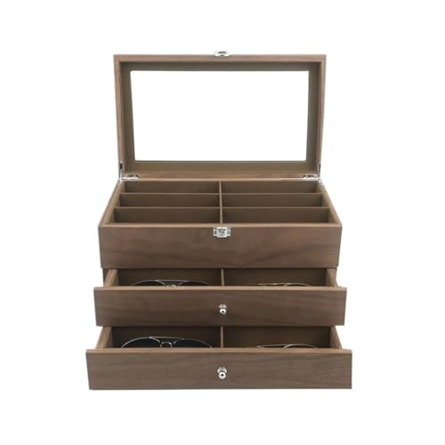 PASPRT Joyero para pendientes, joyas, gafas de sol, caja de exhibición de gafas de sol, caja organizadora de 18 rejillas, caja organizadora de gafas de madera, caja de almacenamiento de 3 capas, caja
