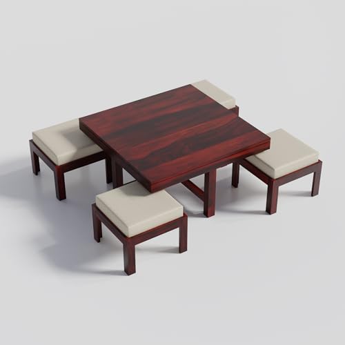 Image of Solid Sheesham Wood Coffee Table with 4 Stool | Square Centre Table with Stool | Center Table with 4 Stools for Living Room | Patio Table with 4 Puffy for Home | Espresso Finish