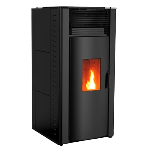 EIDER BIOMASA Stufa a pellet GYDA Canalizzata - 14,3 kW - Riscaldamento fino a 320 m³ - Tramoggia 15 kg - Consumo 0,90-2,60 kg/h - Doppia uscita - Compatta 112x63x53 cm - Classe A+ (Nero)
