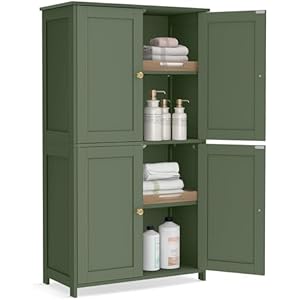 VASAGLE Floor Storage Cabinet, Shaker Cabinet with 2 Adjustable Shelves, 4 Doors, Tall Freestanding Organizer Unit, for Kitchen Bathroom Living Room, Forest Green UBBC553CH01S 4 Doors（42.7"）