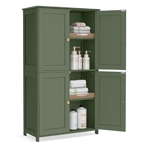 VASAGLE Floor Storage Cabinet, Shaker Cabinet with 2 Adjustable Shelves, 4 Doors, Tall Freestanding Organizer Unit, for Kitchen Bathroom Living Room, Forest Green UBBC553CH01S