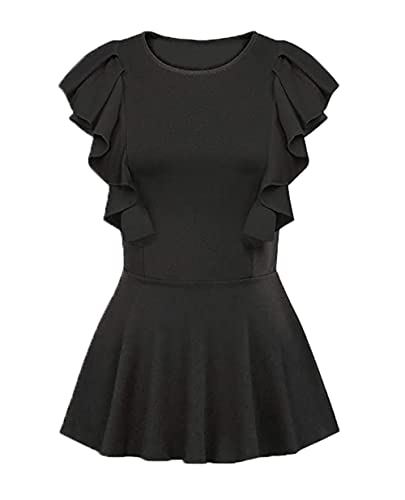 Womens Shirts Summer Sleeveless Ruffles Hem Tops Elegant Blouse for Work Black 2XL