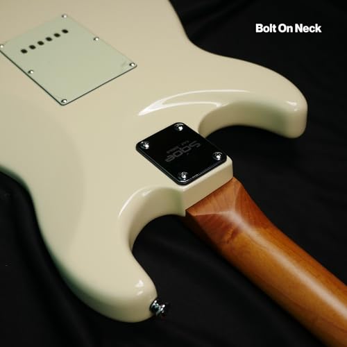 Image of SEST600 HSS Strat Electric Guitar | Roasted Maple Neck | Coil Split Humbucker | 22 Frets | 5-Way Switch | Gloss Finish | Premium Tremolo System | Strat Style Electric Guitar (Vintage white)