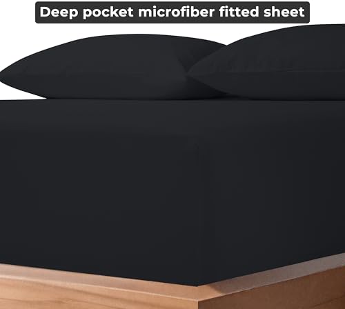 Image of Royale Linens Fitted Sheet Full - Ultra Soft 1800 Brushed Microfiber - Hotel Luxury Bottom Sheets - Wrinkle Free & Fade Resistant - Deep Pocket Fitted Sheet Only (Full, Black)