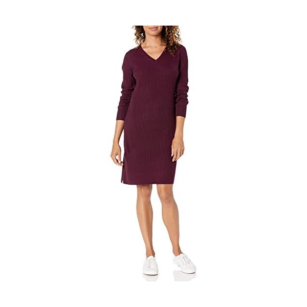 Amazon-Essentials-Womens-Soft-Ribbed-Long-Sleeve-V-Neck-Knee-Length-Classic-Fit-Sweater-Dress Amazon Essentials Women's Soft Ribbed Long-Sleeve V-Neck Knee Length Classic-Fit Sweater Dress, Burgundy, Large