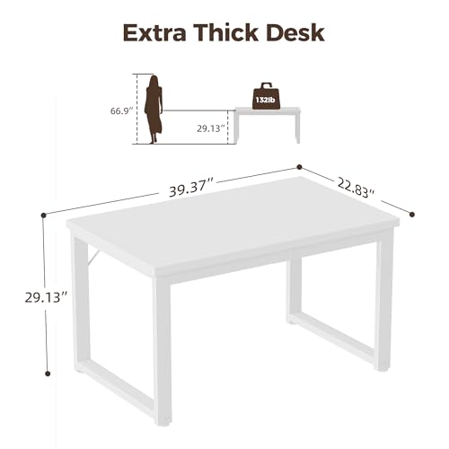 Image of 40 Inch Computer Desk, 1.2 inch Thick Small Office Table, White | Modern Simple Style, Heavy Duty Industrial Frame, Small Study & Writing Table for Home Bedroom Work