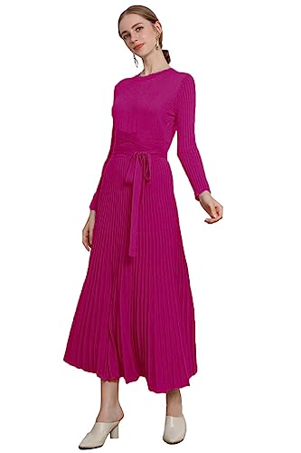 Image of Women's Long Knit Crewneck Sweater Dress Tie Waist A-Line Swing Pleated Bodycon