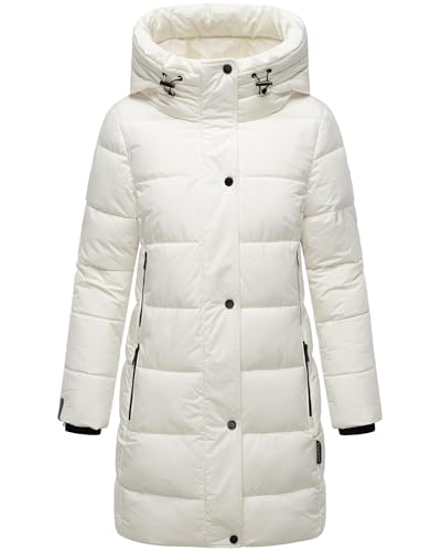 MARIKOO Damen Wintermantel warmer Steppmantel lang mit Kapuze und hohem Kragen Karumikoo XVI Offwhite Gr. XL