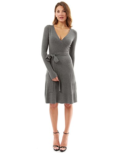 PattyBoutik Women V Neck Faux Wrap Long Sleeve Knit Dress (Gray X-Large) - Thumbnail 4