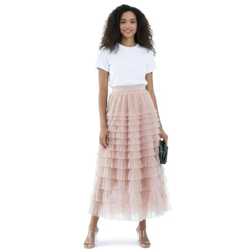 Women's Layered Long Maxi Tulle Skirts, High Waisted A Line Ruffle