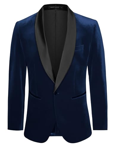 GRACE KARIN Chaqueta Ajustada con Cuello Chal para Hombre, Chaqueta de Terciopelo con un botón para Fiesta de Boda, M Azul