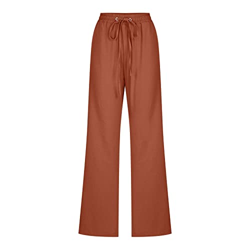Image of Linen Pants Women High Waisted Drawstring Casual Pant Cotton Linen Straight Leg Lounge Trousers with Side Pockets