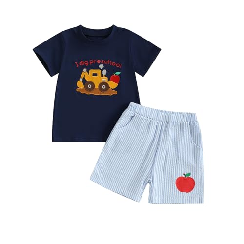 Ayalinggo Baby Boy Summer Clothes Back To School Outfits First Day Of School Short Sleeves Tshirt + Elastic Plaid Shorts Set (Blue Excavator 4-5T)