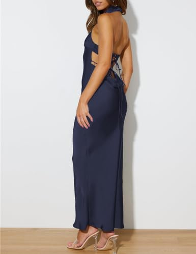 Image of Women Summer Satin Halter Neck Backless Formal Wedding Guest Maxi Dress