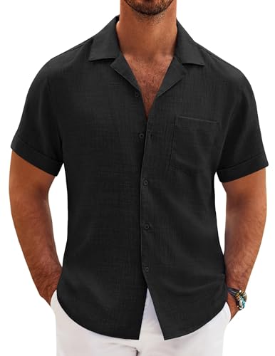 COOFANDY Men's Summer Short Sleeve Shirts Lightweight Linen Beach Shirt Casual Button Down Shirts (Black, Medium)
