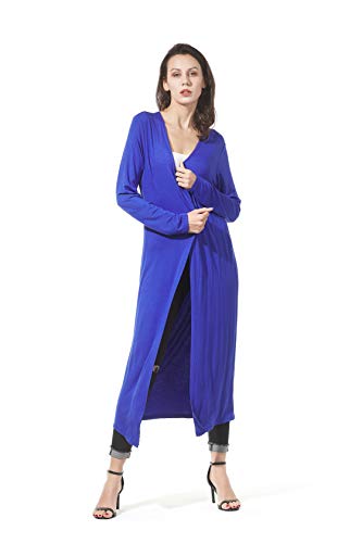 Image of Women's Solid Sweater Essential Duster Long Cascading Open Front Lightweight Blue Cardigan