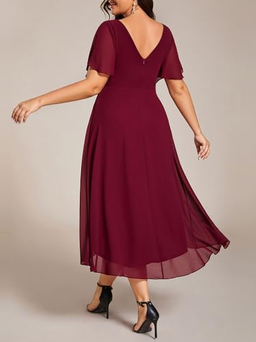 Image of Ever-Pretty Plus Summer Short Sleeves V-Neck Formal Wedding Guest Dresses for Curvy Women Chiffon Midi Cocktail Party Dress
