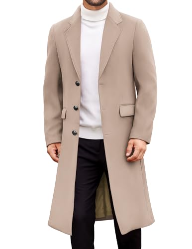 Image of COOFANDY Mens Trench Coat Winter Casual Overcoat Long Single Breasted Coat Notched Collar Wool Blend Warm Coat