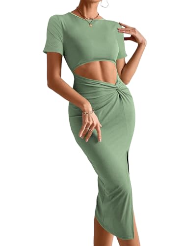 Image of Rooscier Women's Twist Cutout Waist Split Crewneck Short Sleeve Bodycon Midi Dress