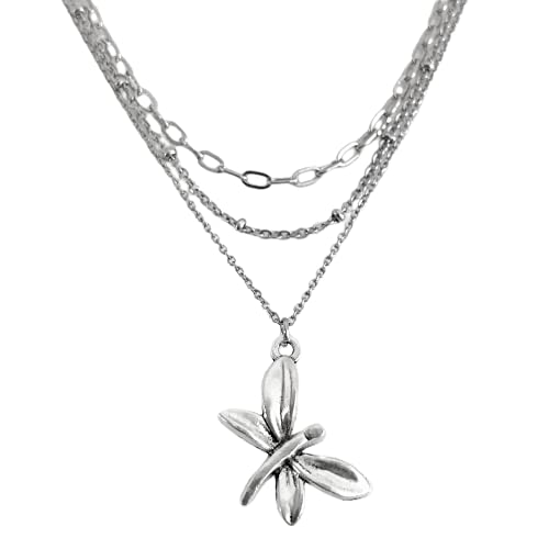 DRAGONFLY necklace, layered, insect; stainless steel chain, aged oxidized silver tone metal charm (simple, everyday, three strand, CASUAL)