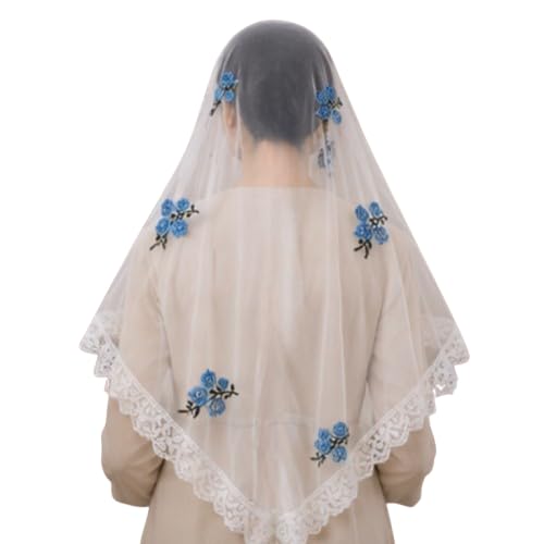 Christian Church Scarf for Women | White Lace Chapel Veil with Blue Floral Embroidery | Prayer Head Covering for Church, Mass, Worship & Religious Services-image-23