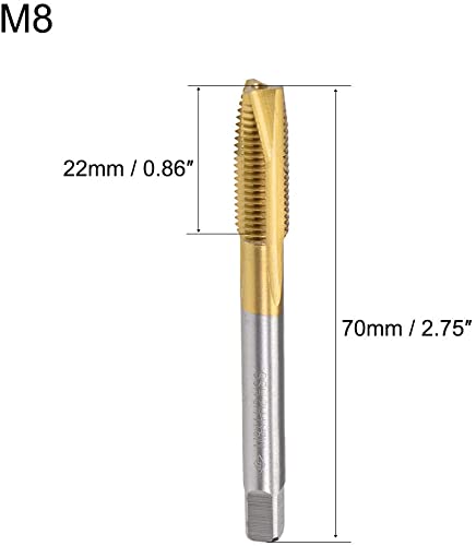 XYWHPGV Spiral Point Plug Threading Tap M8 x 1 Thread, Ground Threads H2 3 Flutes, High Speed Steel HSS 6542, Titanium Coated, Round Shank with Square End, 2pcs(16004 c3daf f6177 681da 91eef 05f24