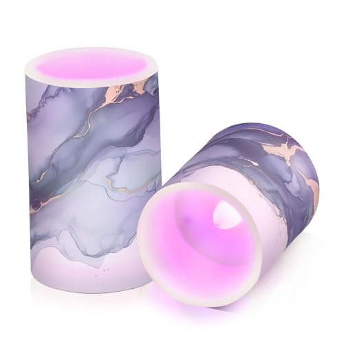 Image of Blue and Gray Gold Marble Flickering Flameless Candles LED Battery Operated with Remote Timer Pillar Candles for Home Birthday Wedding Christmas Decor, Set of 2
