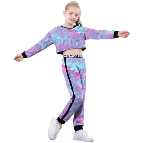 Image of Betusline Little Girls 2 Piece Outfits, Trendy Cute Pullover Crop Tops + Activewear Sweatpants Cropped Sweatshirt Sweatsuit Clothes Set, Purple Tie Dye, 6-7 Years