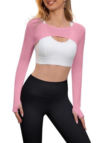 Image of Women Long Sleeve Crop Top Bolero Thumbhole Workout Cropped Shirts Sports Shrug