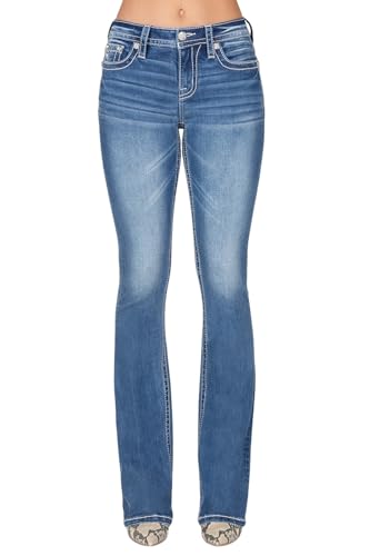 Miss Me Women's Mid Rise Bootcut Jeans, Faux Flap Pockets with Western White Wings, Boot Cut Stretch Denim Pants, Slim Fit2