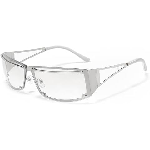MACJERO Y2k Sunglasses for Women Men.Fashion Metal Y2k Glasses,Trendy Sunglasses Y2k Accessories .Rectangle Retro Eyewear(Silver Frame/Light Silver Lens) Cover