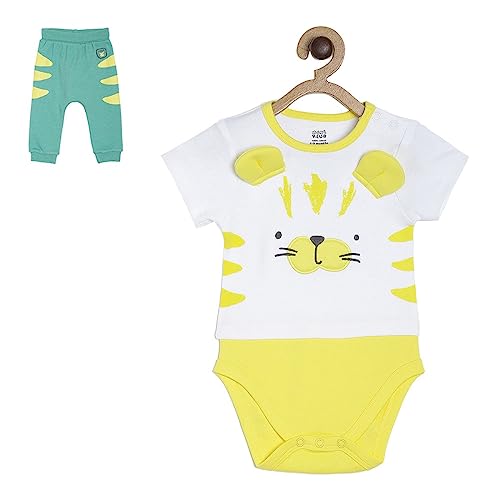 Image of miniklub Baby Crew Neck Short Sleeve Knitted Cotton Body Suit Set, Pack of 2 (Green Color)