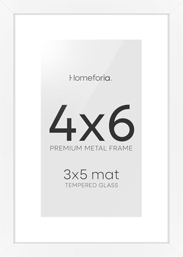 Image of Homeforia 4x6 White Picture Frame, High-End Metal, 3x5 Mat, Glass | High End Aluminum, Tempered Glass, Acid-Free 3x5 Removable Mat, 4x6 in Edge-to-Edge Display 6x4, Wall Kit, Set Of 2