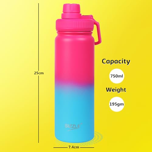 Image of Sizzle Element Modern Stainless Steel Water Bottle 750 ML - Lightweight Leakproof Bottle with Powder Coating Finish - Dual Pink Blue Colour - For Kids & Adults