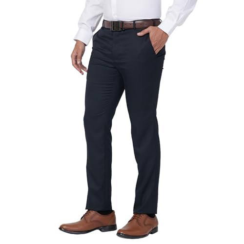 Image of Raymond Men's Mid Rise Slim Fit Structure Pattern Polyester Blend Pleated Formal Trouser