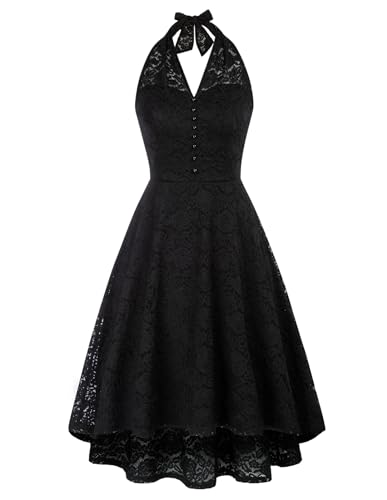 Belle Poque Damen Neckholder Spitzenkleid V-Ausschnitt Ärmellos Cocktailkleid Rockabilly Festlich Abendkleid Hochzeit Schwarz M