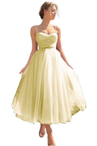 Image of A line Ruched Tulle Prom Dress Spaghetti Straps for Women, Tea Length Sweetheart Homecoming Dress Cocktail Dress