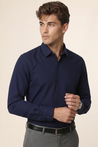 Image of Peter England Men's Premium Solid Herringbone Regular Fit Full Sleeve Formal Shirt | Wonder Fabric | Cotton Rich