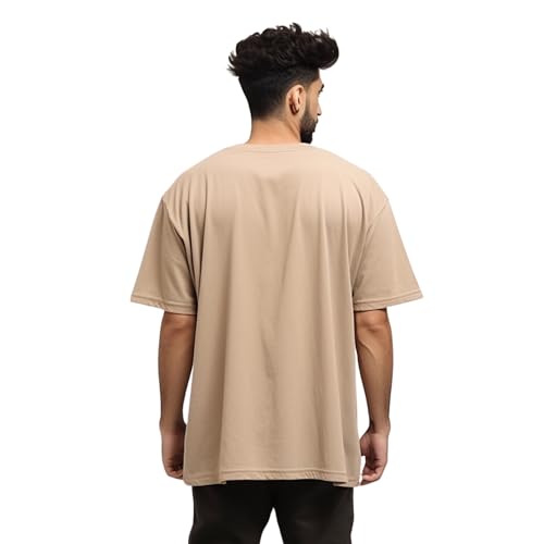 Image of Prabhubhakti Men's Oversized Shri Ram Printed Beige T-Shirt | Print Drop Shoulder Pure Cotton Oversized Tshirt for Men