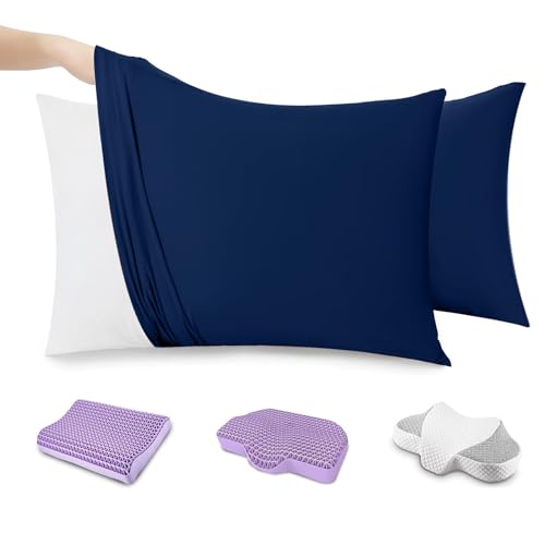 tkone 「様々な枕にピッタリフィット」のびのび枕カバー 2枚組 43x63cm枕適用 封筒式 枕カバー オールシーズン ピローケース 3Dストレッチ Tシャツ素材 吸汗 速乾 伸縮 丸洗い .ネイビー
