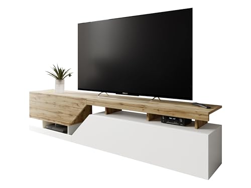 Mirjan24 Nesezi 200 Meuble TV bas, ouverture sans poignée, 2 volets/portes, buffet, meuble bas, meuble TV, table TV (blanc/wotan)