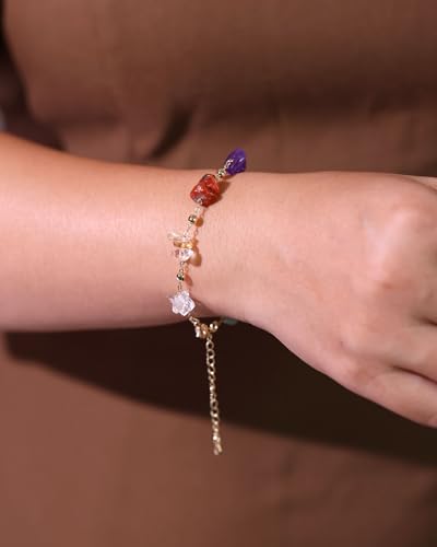 7 Chakra Reiki Gemstones Plated 14k Gold Chain Bracelets for Women Meditation Colorful Crystal Chips Beaded Bracelets (6″-8″)2